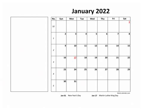 Free Download Printable January 2022 Calendar Large Box Holidays