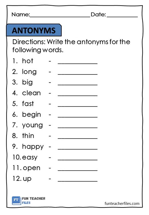 Antonyms Worksheet Set 1 Fun Teacher Files