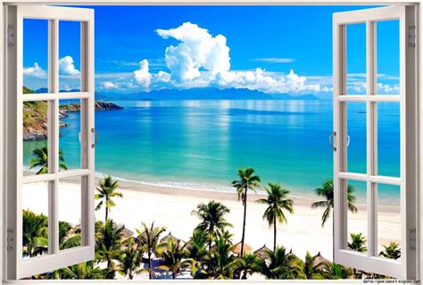 Window View Wall Mural Tropical Beach And Clear Sea 521