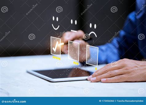 Business Customer Pressing Smiley Face Emoticon Online Stock Photo