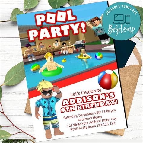 Roblox Pool Party Birthday Invitation For Boy Printable Diy Createpartylabels
