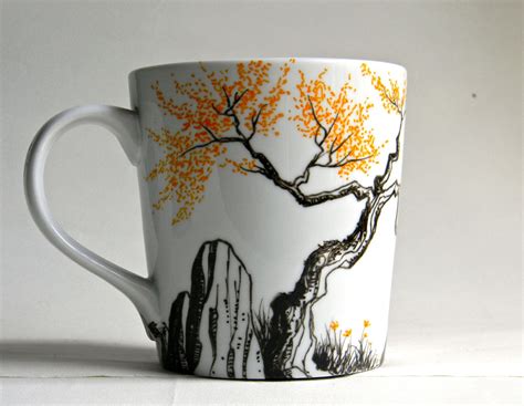 Mug Hand Painted Porcelain Coffee Cup Fall Trees With Orange Leaves