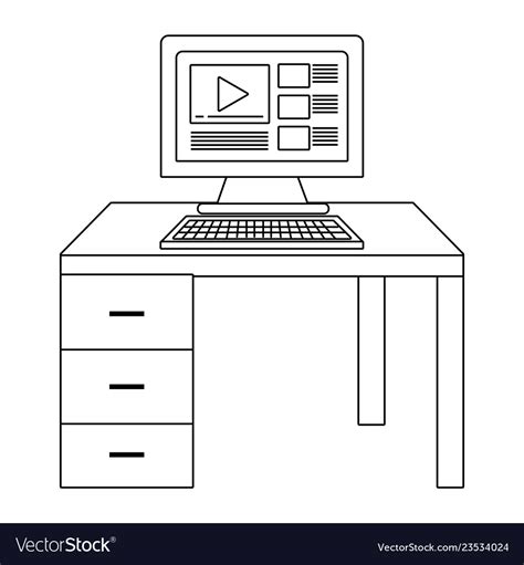 Computer And Desk Black And White Royalty Free Vector Image