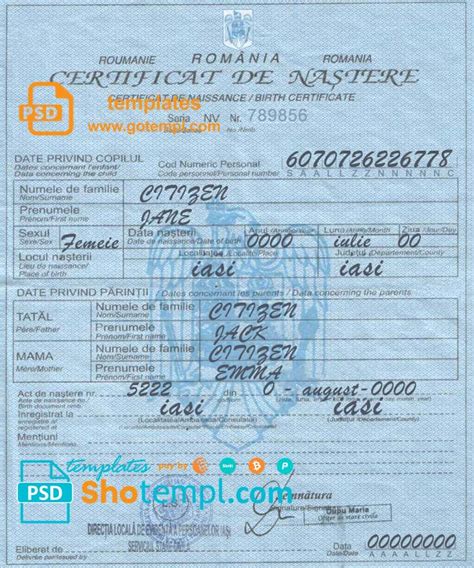 Romania Birth Certificate Template In Psd Format Fully Editable