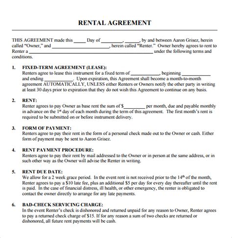 Printable Blank Rental Lease Agreement