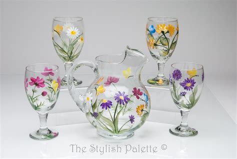 Wildflower Ice Tea Glasses And Pitcher Hand Painted Glassware By The Stylish Palette Glass