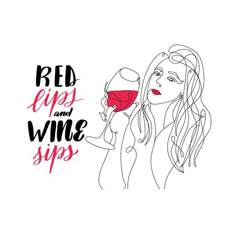 Girl With Glass Of Wine Line Drawing Red Lips And Wine Sips Black Continuous Line Woman