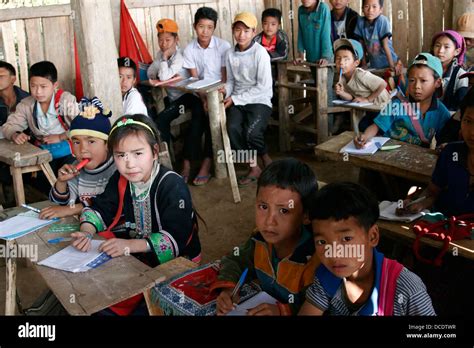 Rural School In Akha Tribal Village Near Phongsali Laos Stock Photo