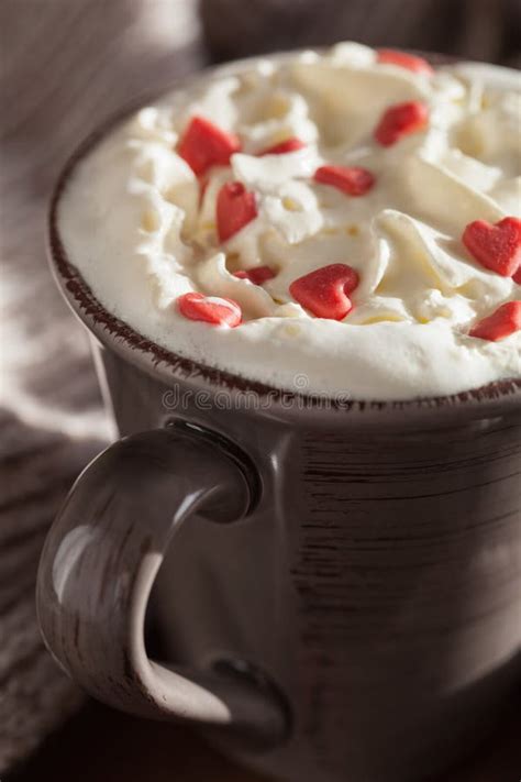 Cup Of Coffee With Whipped Cream And Red Hearts Stock Image Image Of