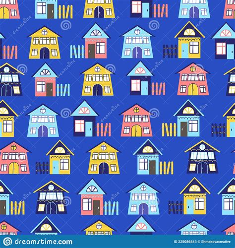 Funny Multi Colored Houses Pattern On A Blue Background Vector