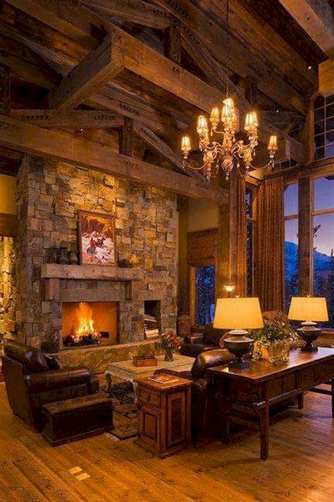 Electric stove fireplaces are a great way to incorporate fire into the home without having to build into the wall. 63 Best Log Cabin Homes Fireplace (9) - Ideaboz