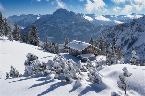 Austria Nature Mountains Winter Snow Ice Cold Hut Wallpaper