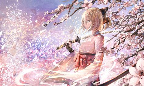 Fond Décran Anime Filles Anime Cheveux Courts Katana épée Fleur