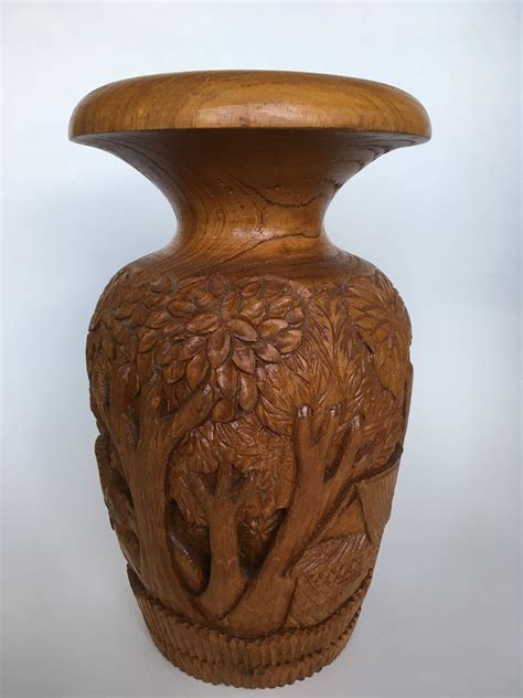 Vintage Hand Carved Wooden Vase Etsy