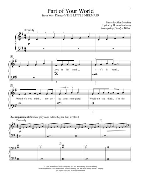 Easy Piano Solo Part Of Your World Piano Sheet Music Digital Download By Alan Menen From The