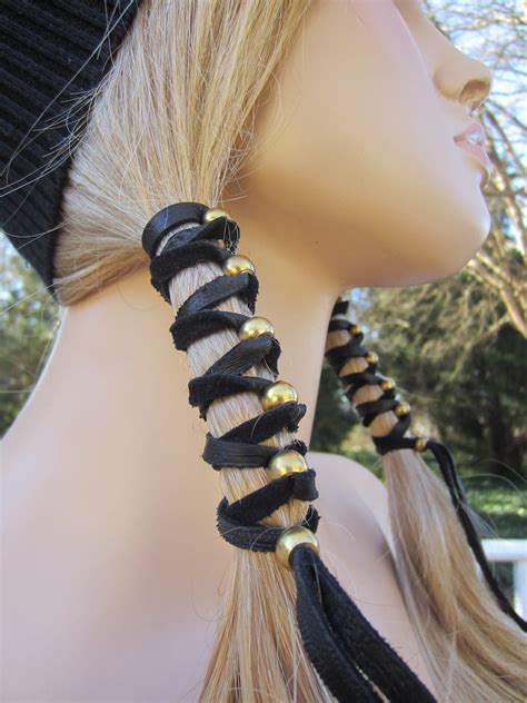 2 Black Leather Hair Wrap Ponytail Holder Braid In With Etsy