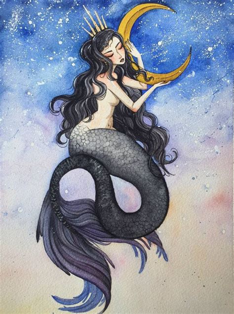 Original Moon Mermaid Watercolour Painting 12 9 Etsy