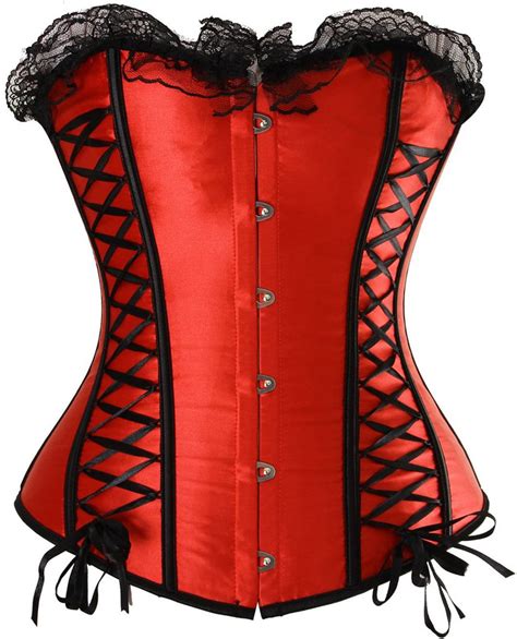 Sexy Red Satin Strapless Lace Trim Plastic Bone Lace Up Bustier Overbust Corset M4315