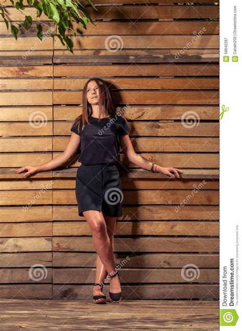 Cute Young Woman Posing On Wood Fence Background Stock Image Image Of