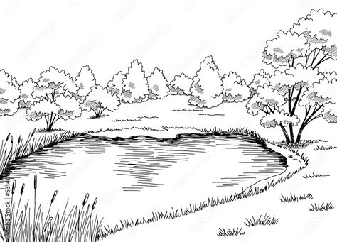 Pond Graphic Black White Landscape Sketch Illustration Vector Stock