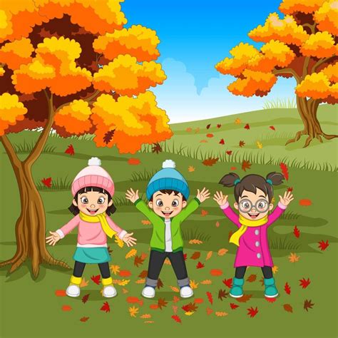 Niños Felices De Dibujos Animados Jugando En El Fondo De Otoño 4993850