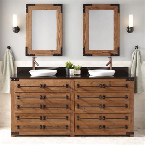 Crafted from manufactured wood, it features a pair of cabinet doors that reveal storage space, as well as an integrated cultured marble sink for a crisp, contemporary look. 72" Bonner Reclaimed Wood Double Vanity for Semi-Recessed ...