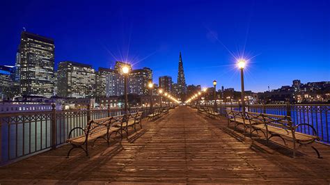 Pictures San Francisco Usa Bridges Fence Bench Night Time 1366x768