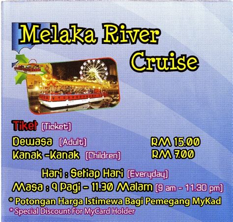 Beliau berkata harga baharu bermula rm15 hingga rm30 bagi seorang pengunjung itu akan diselaraskan untuk pengunjung yang menaiki melaka river cruise pada hari biasa, hujung minggu, cuti sekolah atau cuti umum. Harga tiket terbaru Melaka River Cruise dan produk-produk ...