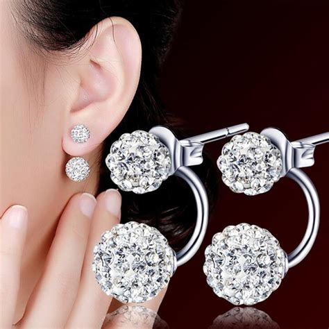 1 Pair Women Jewelry Silver Double Beaded Rhinestone Crystal Stud
