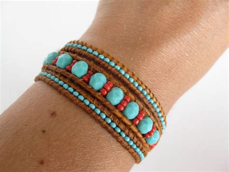 Turquoise and red leather wrap bracelet 40 00 via Etsy Örgü