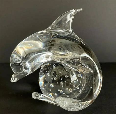 Vintage Murano Art Glass Clear Dolphin Figurine With Controlled Bubble