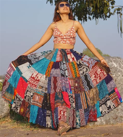 Boho Patchwork Skirt Long Gypsy Hippie Tiered In 100 Silky Etsy