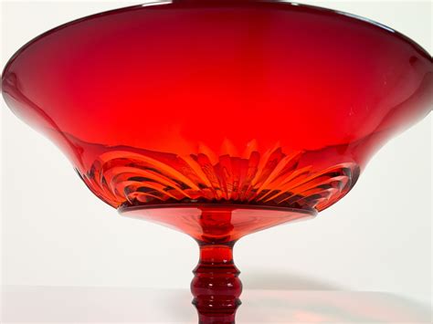 Vintage Red Amberina Glass Comport Pedestal Bowl Round Ombre Mid Century Retro Home Kitchen