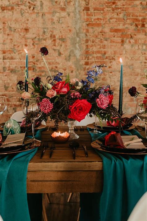 Rich Jewel Tone Wedding Inspiration Teal Bright Pink Exposed Brick