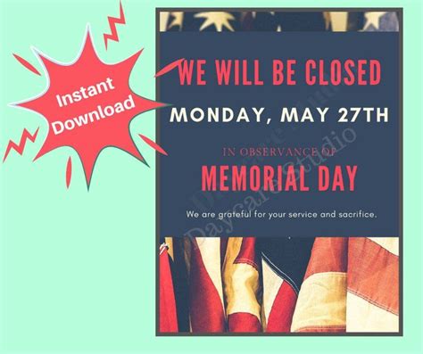 Memorial Day Closed Flyer Daycare Holiday Closing Sign Etsy Daycare