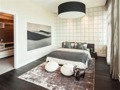 Contemporary White Master Bedroom With Gray Accents And Large Drum