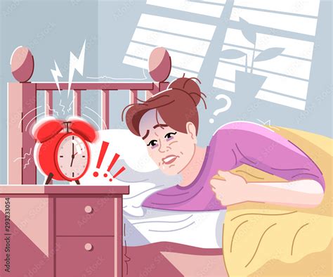 Morning Stress Flat Vector Illustration Young Woman Late To Work Tired Mother Lying In Bed And