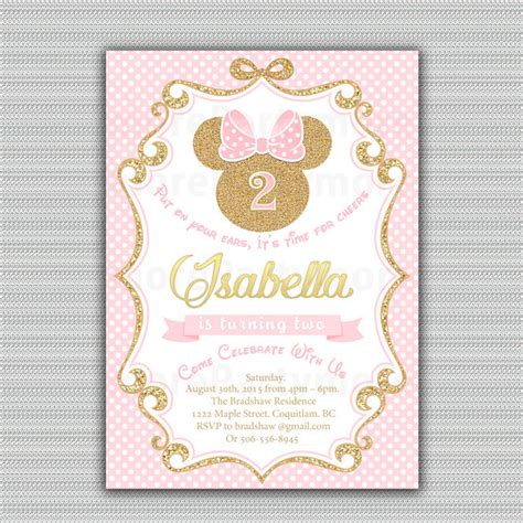 Pink And Gold Minnie Mouse Birthday Party Invitation First 1st