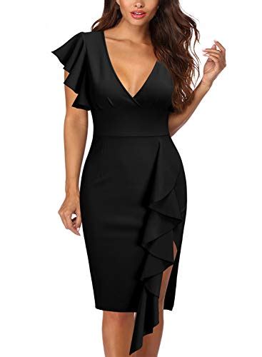 Knitee Womens Deep V Neck Ruffle Sleeves Cocktail Party Pencil Slit Formal Dress