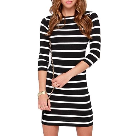 Black And White Striped Casual Striped Bodycon Dress Autumn Fashion Women Everyday Dresses