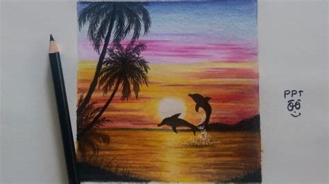 How To Draw Sunset Scenery Of Beach With Colored Pencils Step By Step
