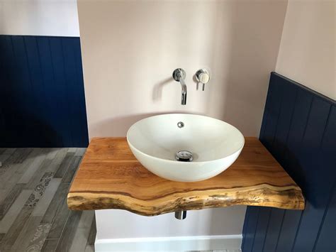 Features two fixed wood shelves. Vessel Sink Shelf. Character Live Edge Natural Wood ...