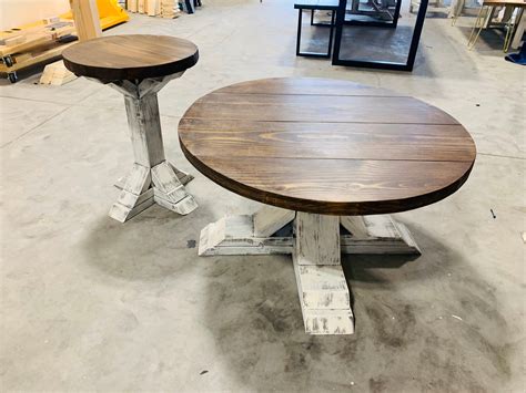 Round Farmhouse Rustic Coffee Table And End Table With Pedestal Base