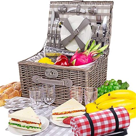 Large Picnic Baskets Willow With Deluxe Service Set For 4 Personskey