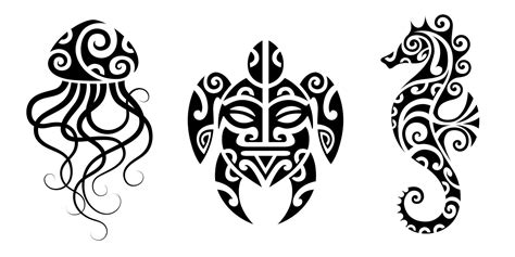 Set Of Tattoo Sketch Maori Style Sea Animals Turtle Seahorse