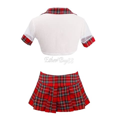 Sexy School Girls Plaids Uniform Lace Up Shirt Tops Ruffle Skirt