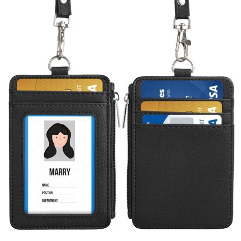 School Black Blue Pu Leather Id Badge Card Holder Wallet With 22 Inch