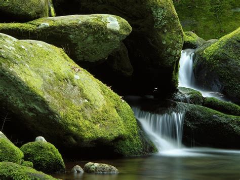 Waterfall Rocks Stones Timelapse Moss Hd Wallpaper Nature And