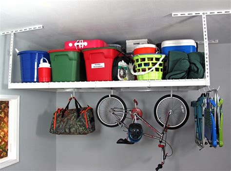 The weight is being distributed evenly across the ceiling joists. SafeRacks 4×8 Heavy Duty Garage Storage Rack for $122.99 ...
