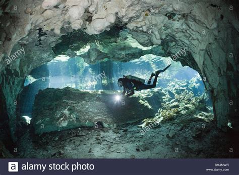 Scuba Diver In Gran Cenote Tulum Yucatan Peninsula Mexico Stock